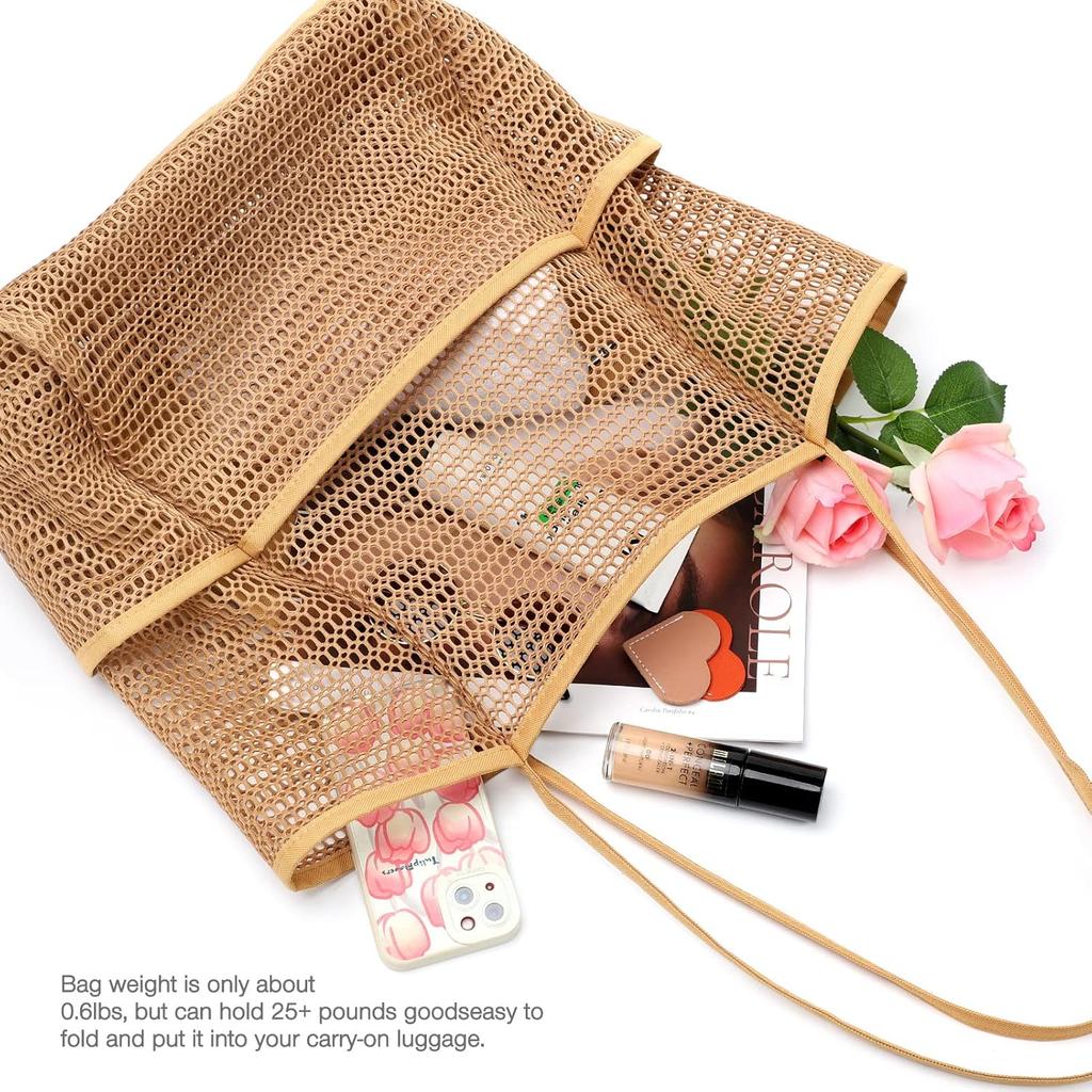 Beach Bag with Mini Pocket Beach Tote Bags for Women Large Foldable Mesh Swimming Pool Travel Bags Sandproof