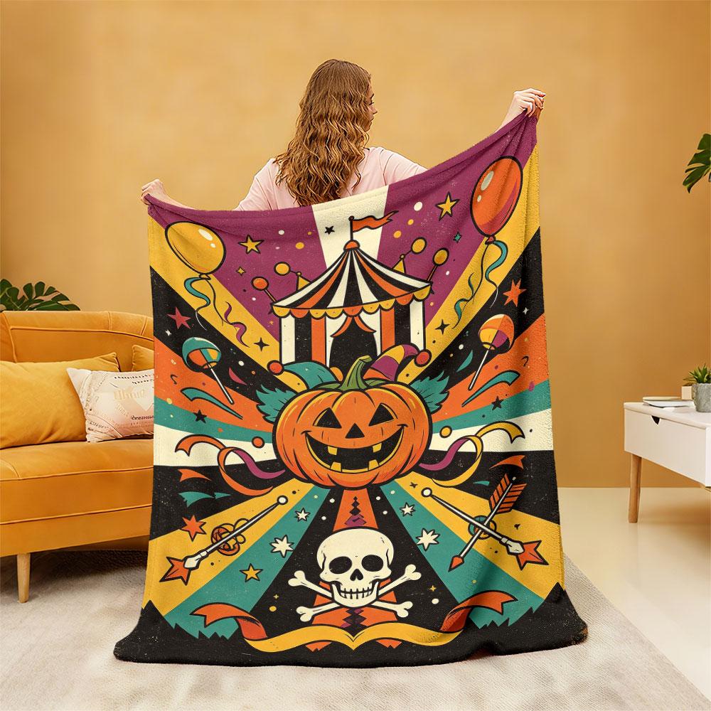 Halloween Carnival Pumpkin Circus Pattern Flannel Blanket Multi Sizes Soft Sofa Throw Nap Blanket For Office Break Holiday In