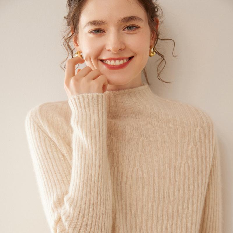 Women's Slim-Fit Ribbed Cashmere Sweater - Half-High Neck Knit Top for Autumn and Winter