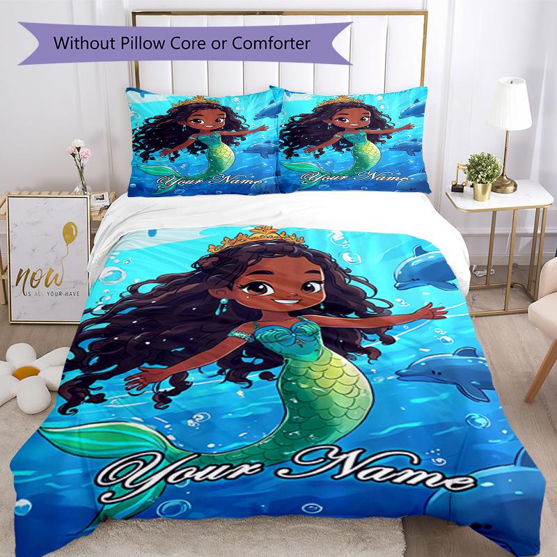3PC Custom Name Mermaid Adventure Sea Bedding Set Duvet Cover Closure Includes 1 Duvet Cover & 2 Pillowcases for Bedroom