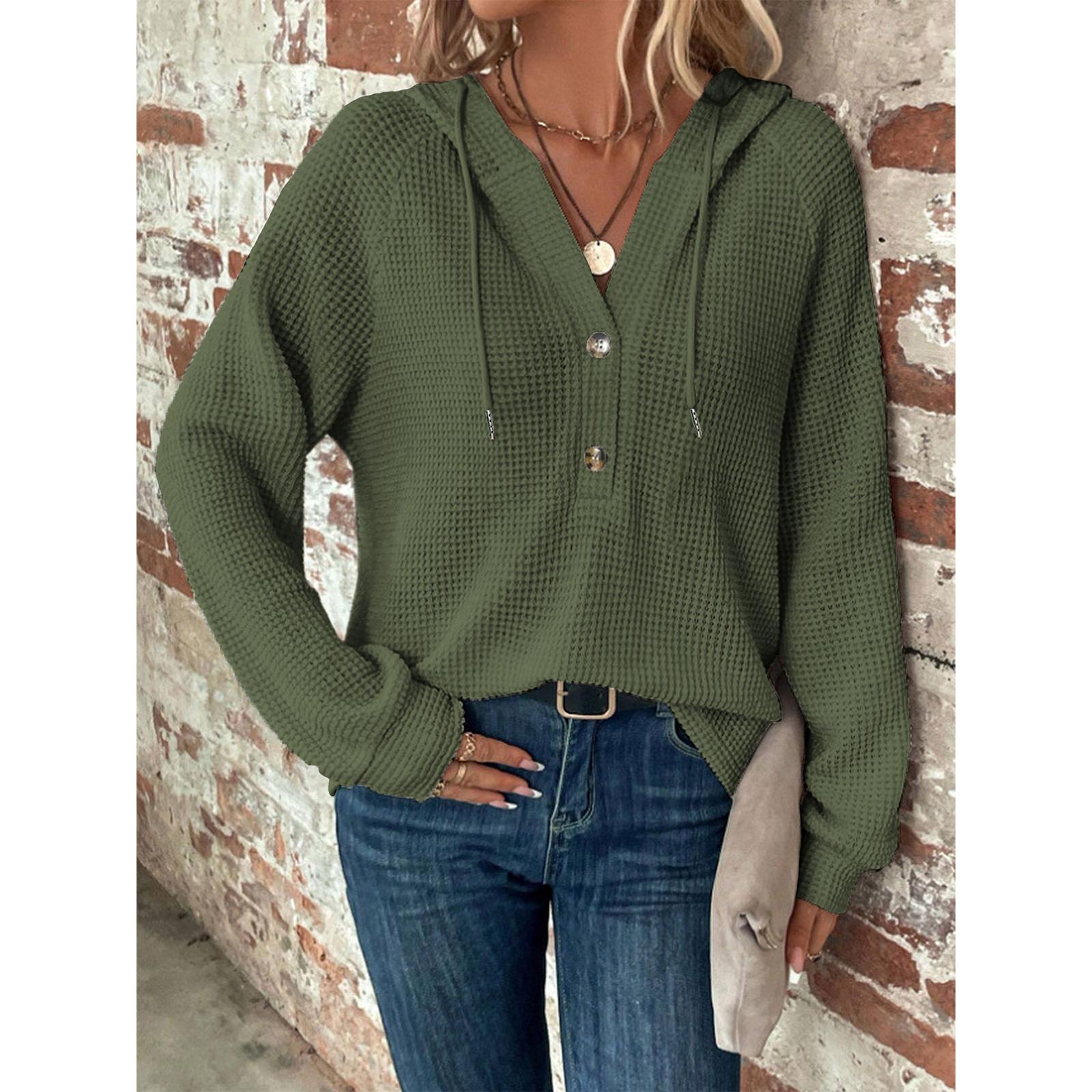 

Женское вафельное трикотажное худи с V-образным вырезом, длинным рукавом, на шнурке и пуговицах XL зелёный