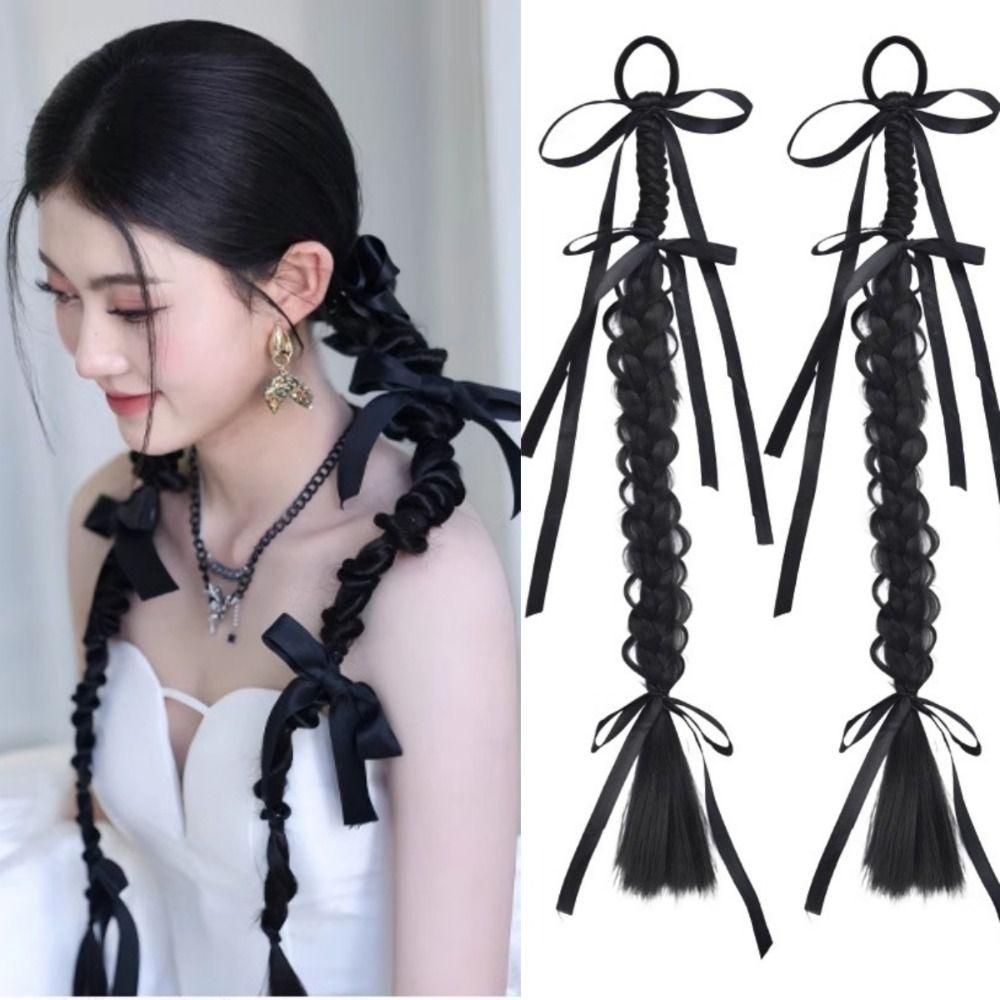1Pair Fried Dough Ribbon Bow Double Ponytail Handmade Long Braiding Hair Extensions  Women/Girls