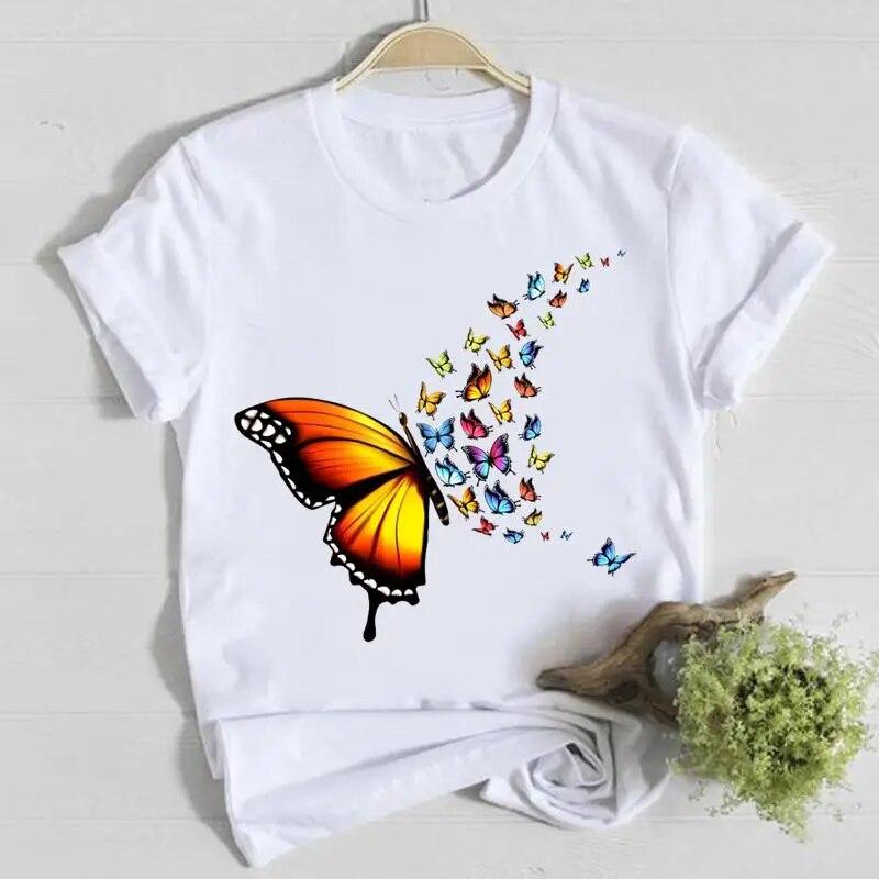 Butterfly Cute Sweet Lovely Casual Tee Top Short Sleeve Shirt Lady Clothes Fashion Tshirt Summer Female T Women Graphic T-shirts