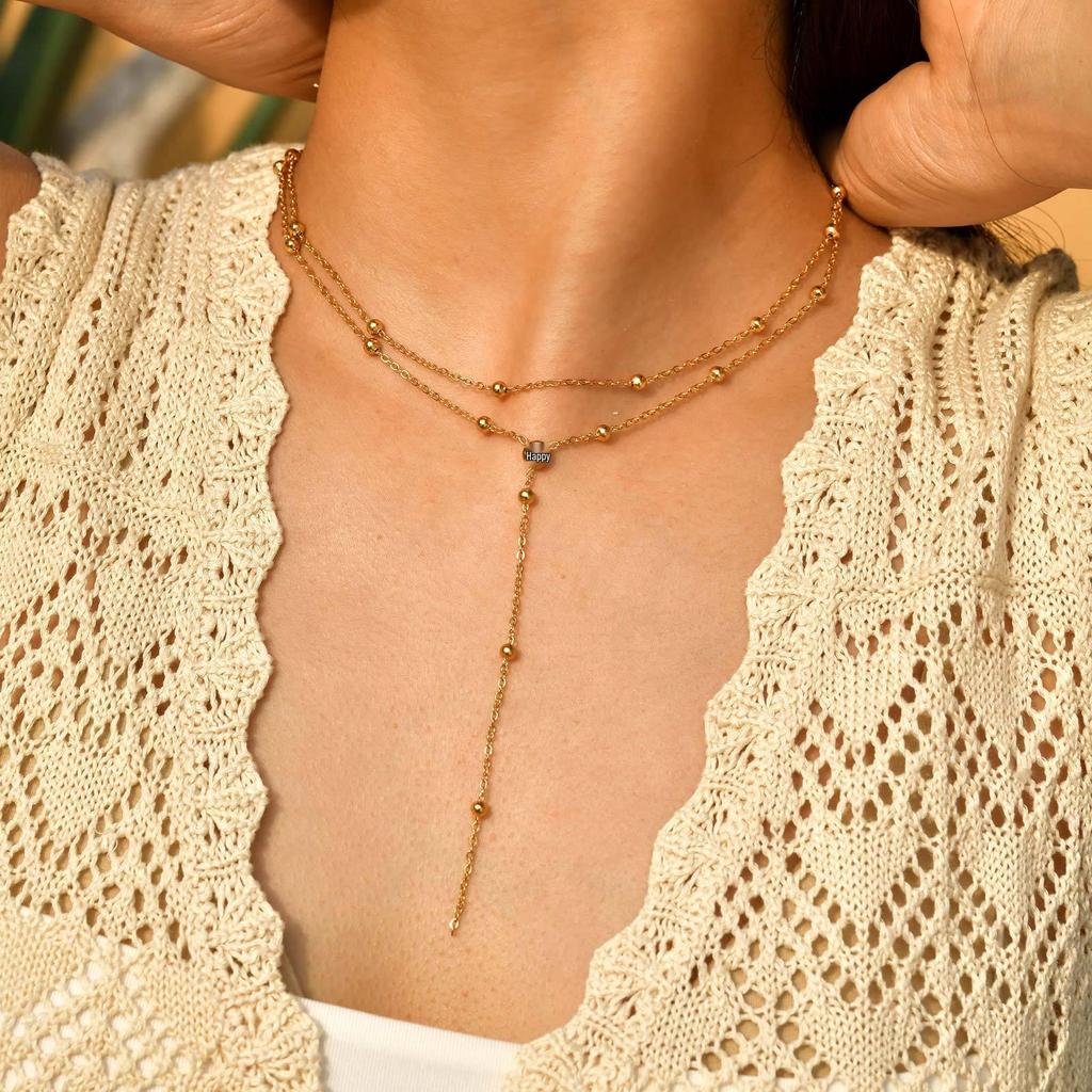 Women's Stainless Steel Double Layer Y-Shaped Gold Tassel Necklace