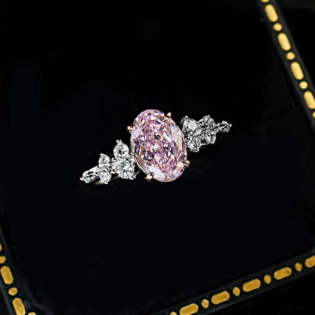New S925 Silver 6 * 9mm Pink Ring Ice Flower Cutting Fashionable and Simple Women's Wedding Jewelry