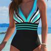 European and American Style Contrasting Color Splicing Striped One-piece Swimsuit for Women, Deep V Gathering and Showing Thinness