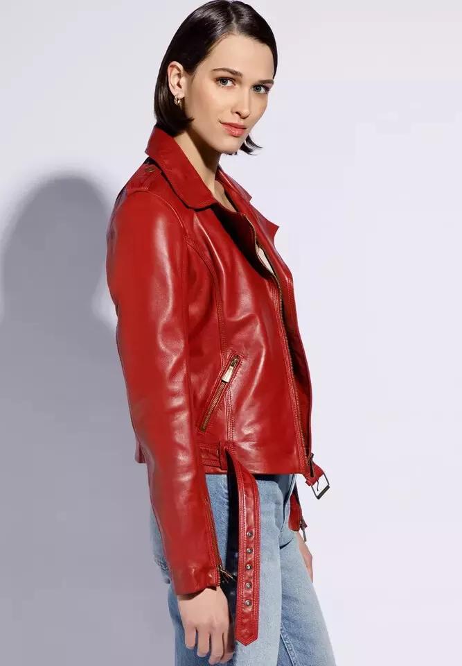 AL KHALID Motorcycle Style RED Women's Jacket Biker Stylish Real Soft Lambskin Leather