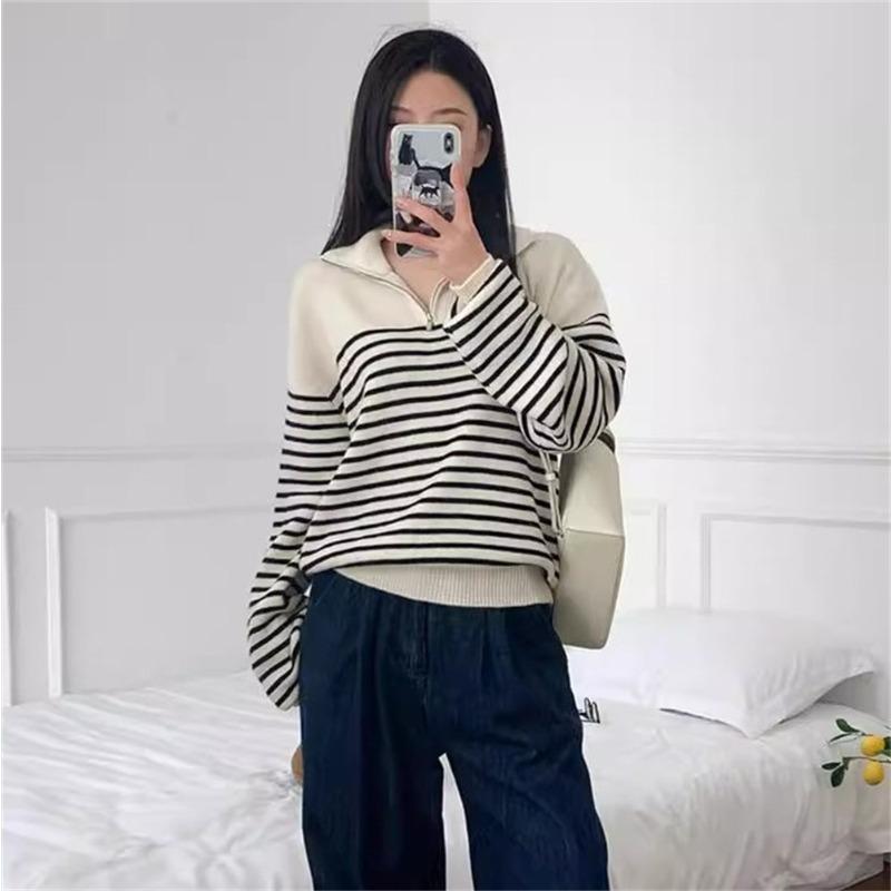 

Autumn and winter new women s clothing simple, fashionable and gentle striped lapel half-open zipper pullover knitted sweater women one size fits all
