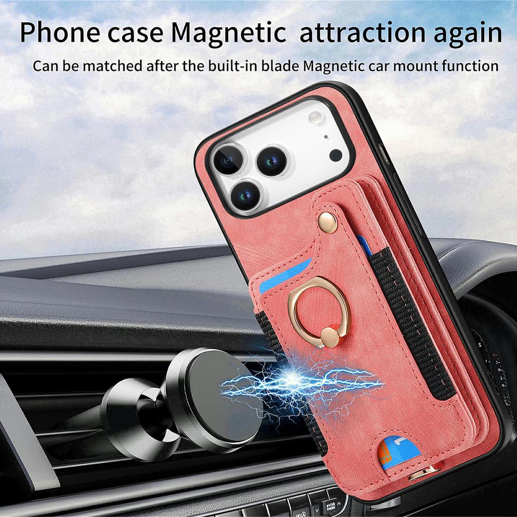 For iPhone 17 Pro Retro PU Leather Case Phone Cover with RFID Blocking Card Holder   /   Ring Holder