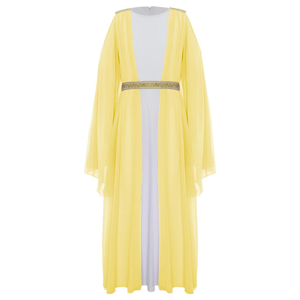 Girls Ancient Greek Roman Cosplay Costume Long Sleeve Golden Embroidery Dress Tulle Patchwork Halloween Gown