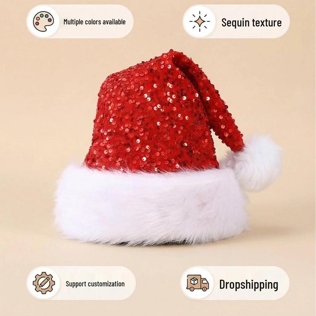 Shanghai Style Double-Layer Sequin Christmas Hat - Thick Wool with Long Fur, 32x45CM