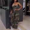 Women's Strapless Sleeveless Camo Jumpsuit Slim Fit Mid Waist Cargo Wide Leg Romper Streetwear