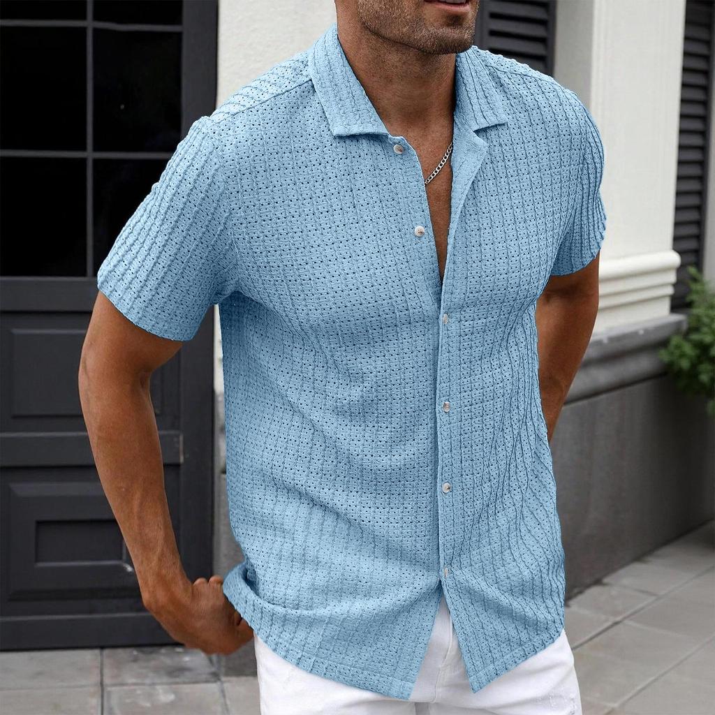 Men's Casual Short Sleeve Shirt Button Down Lightweight Knit Fabric Open Collar Summer Top Comfortable Fit