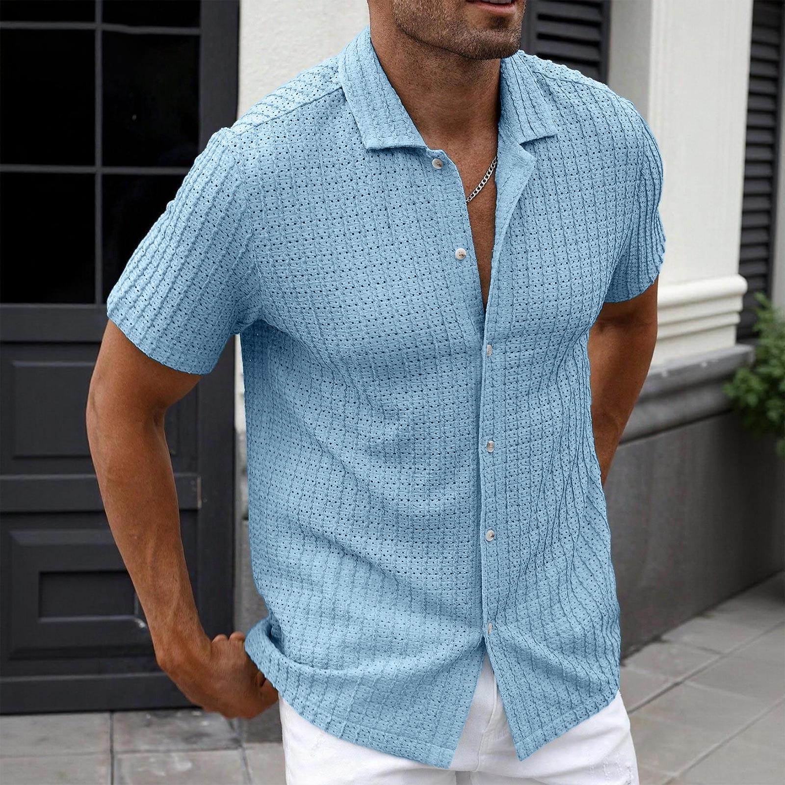 Men Short Sleeve Striped Button Down Shirt Casual Collared Knit Top with Relaxed Fit for Everyday Wear XL синий