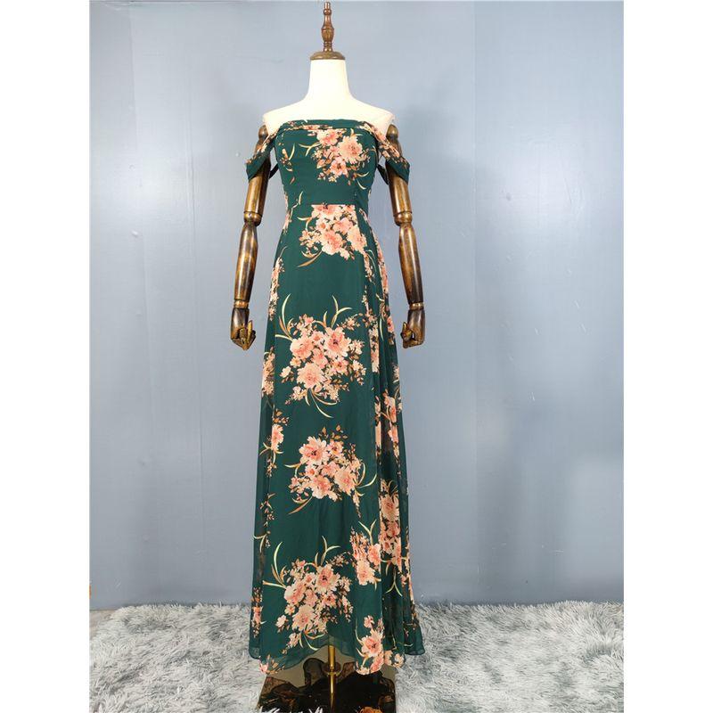 Export Lu Family Banquet Party Word Collar Sexy Exquisite Print Holiday Chiffon Split Island Retro Dress