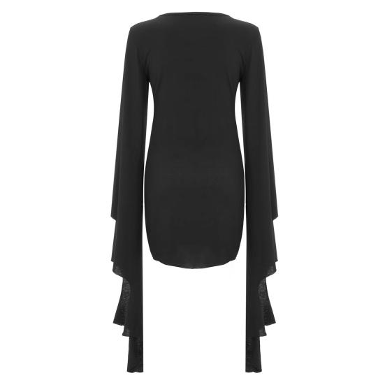 Women Halloween Dress Lace-up Slim Fit Irregular Ruffle Cuff Bell Sleeves Hollow Out Round Neck Solid Color Vampires Cosplay Performance Maxi Dress