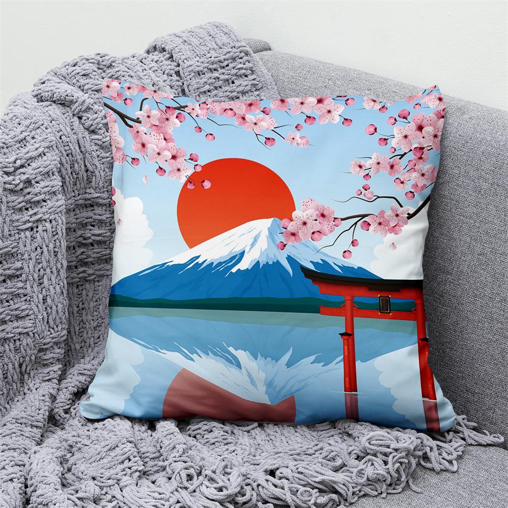 Lucky Cat Japanese Style Sofa Bed Decorative Pillow Cover Home Decor Mount Fuji  Art Cushion