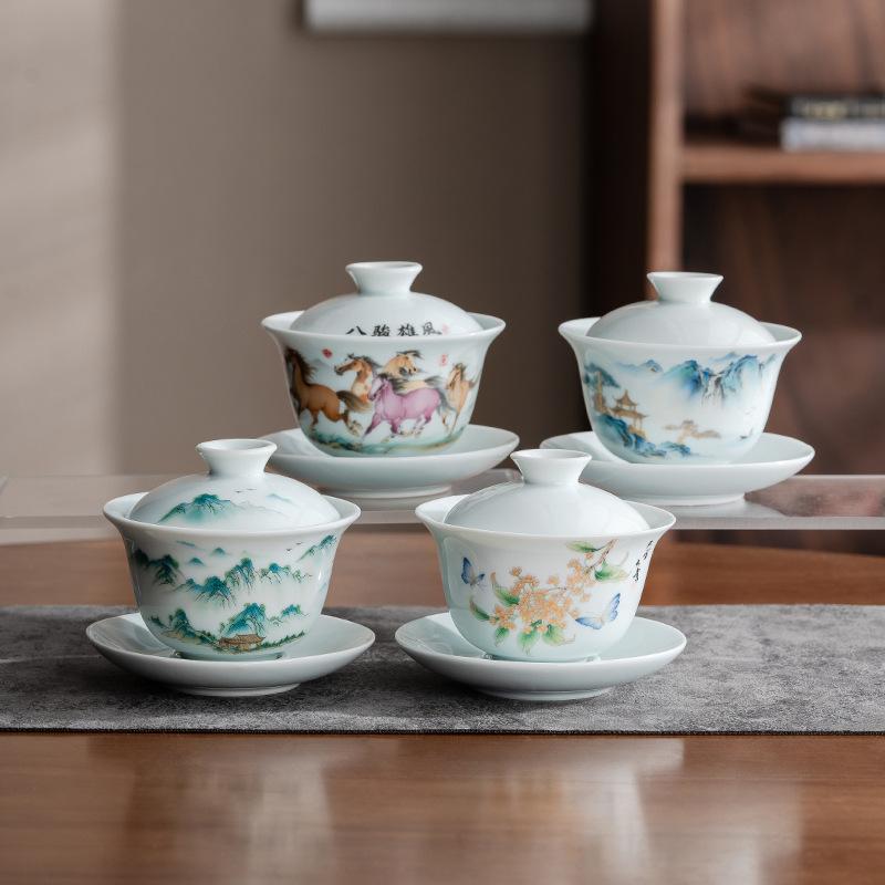 Kung Fu Tea Set, White Porcelain Ceramic Cover Bowl, Dehua Tea Cup, Chinese Living Room Large Tea Bowl, Suet Jade Porcelain