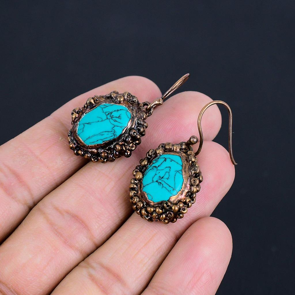 Tibetan Turquoise Earrings Gemstone Jewelry, Copper Electroformed Handmade Earrings, Latest Design Jewelry