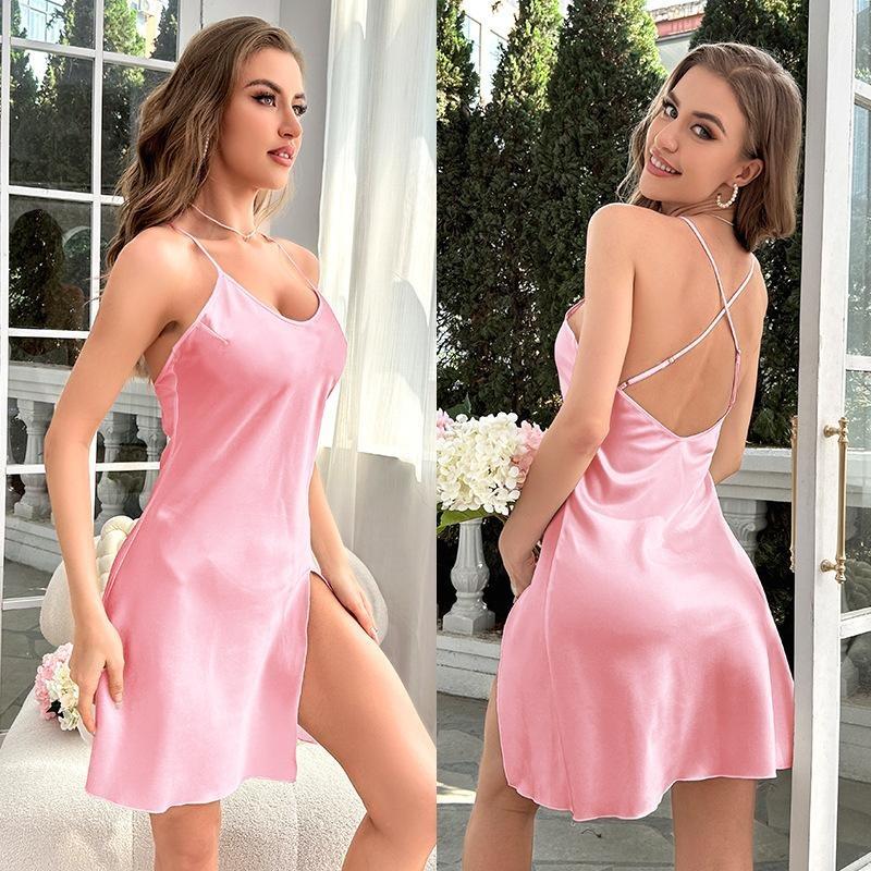 Women's Ice Silk Pajamas Summer Home Wear Backless Sexy Short Halter Nightgowns