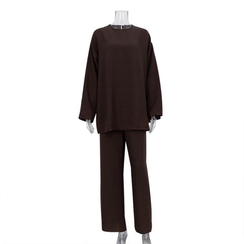 

2023 Повседневная креповая блузка с длинным рукавом Женские длинные брюки 2 комплекта из двух предметов с круглым вырезом и разрезом Простые топы Свободные брюки Костюмы 28162 L