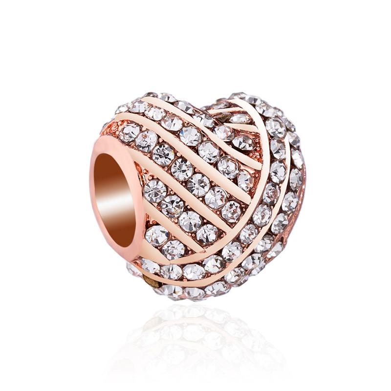 Fashion Rose Gold Plated Crystal Love Heart Flower Charms Bead Fit Original Bracelet Charm Pendants for DIY Jewelry Making