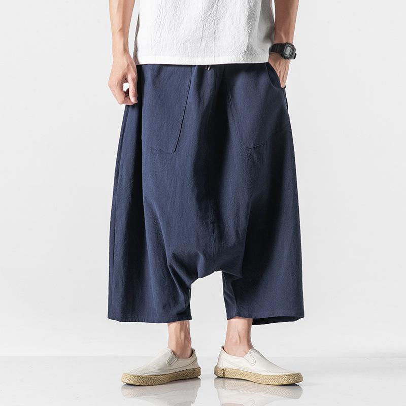 Lato Wiosna Męskie Duży Rozmiar Casualowe Spodnie Haremki Vintage Luźne Bawełniano-Lniane Spodnie z Szerokimi Nogawkami Męskie Spodnie z Elastycznym Pasem Pantalones Spodnie