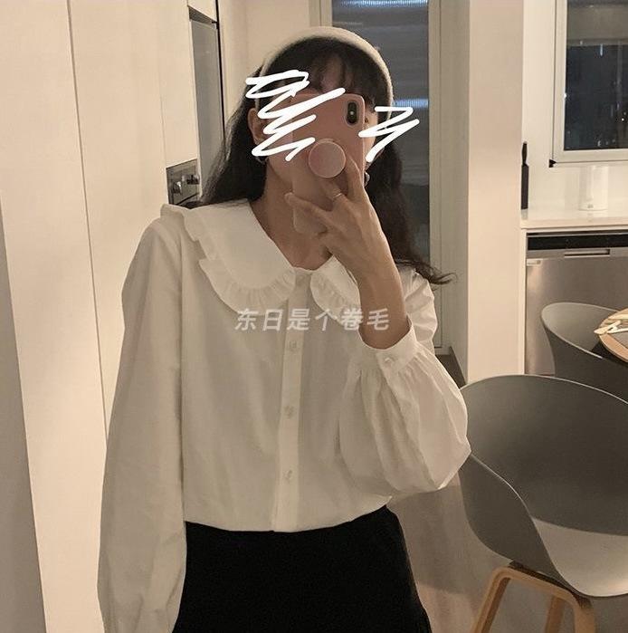 Vintage doll-collar shirt for women, new spring and autumn design, niche and chic, youthful long-sleeve shirt layered with white shirt for women