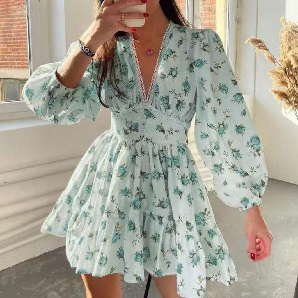 Spring New Women's Sweet Elegant Printed V-Neck Lace Short Mini Dress, European & American Style Casual Party Dress for Women