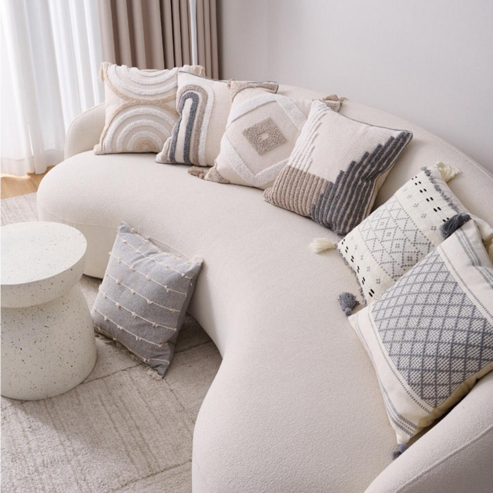 Unique Boho Throw Pillow with Braided Rope Pattern Handmade Tassels Cushion Soft Cotton Linen Textured Cushion for Sofa Bed