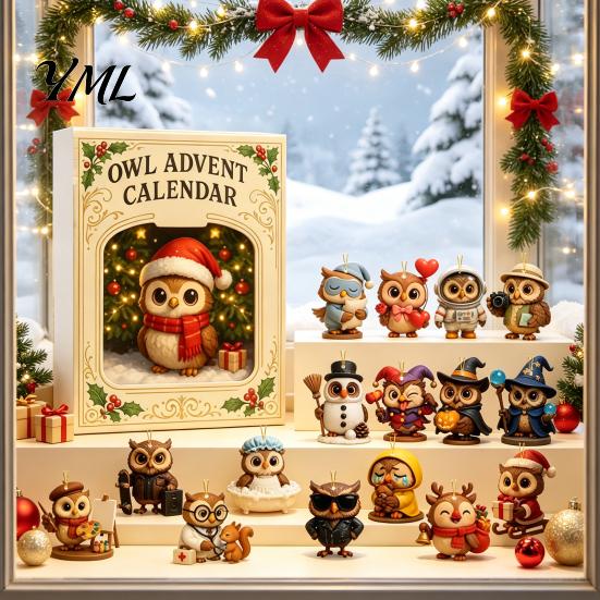 Weihnachts-Adventskalender 2026 Eule/Hund Kalender, 24 Tage Countdown mit Mini-Tierfiguren-Box-Ornamenten, PVC Sammelfiguren für die Feiertage