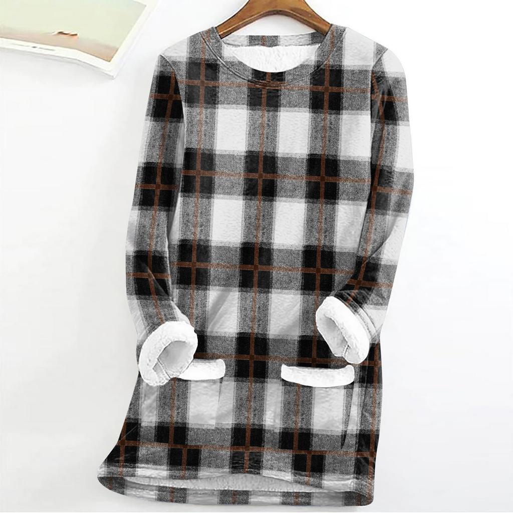Women's Fashion Plaid Print Round Neck Long Sleeve Plush Winter Warm Pullover Top