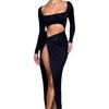 European and American Spring and Autumn Women's Sexy Street Fashion Hollowed Out Square Neck Slit Dress