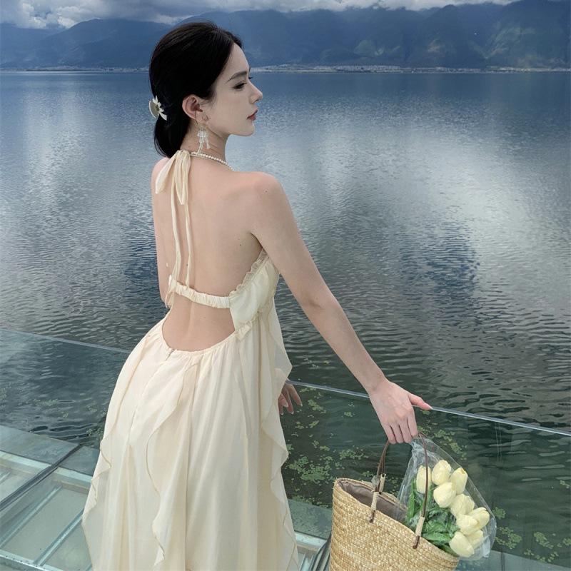 Sexy white suspender neck dress female summer temperament high sense seaside vacation halter fairy long skirt