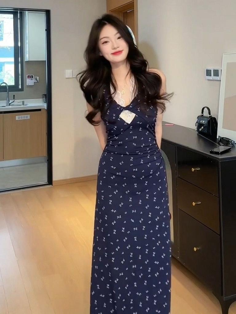 Kink Lace Neck Sling Floral Dress Women's Summer New Seaside Vacation Beach Dress