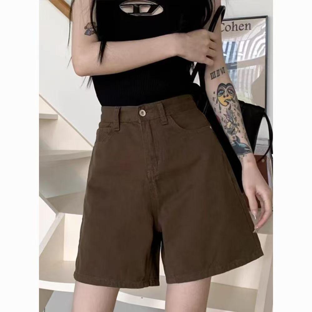 Brown Jeans Five-point Shorts Women s Small Pear-Shaped Body High Waist Skinny Wide Legs Brown Straight Pants S