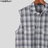 INCERUN Men Lapel Sleeveless Gradient Plaid Print Casual Shirts Tank Tops
