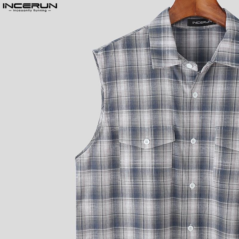 INCERUN Men Lapel Sleeveless Gradient Plaid Print Casual Shirts Tank Tops