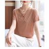 pink v neck bow tie detail short sleeve knit top with gold stripe for women