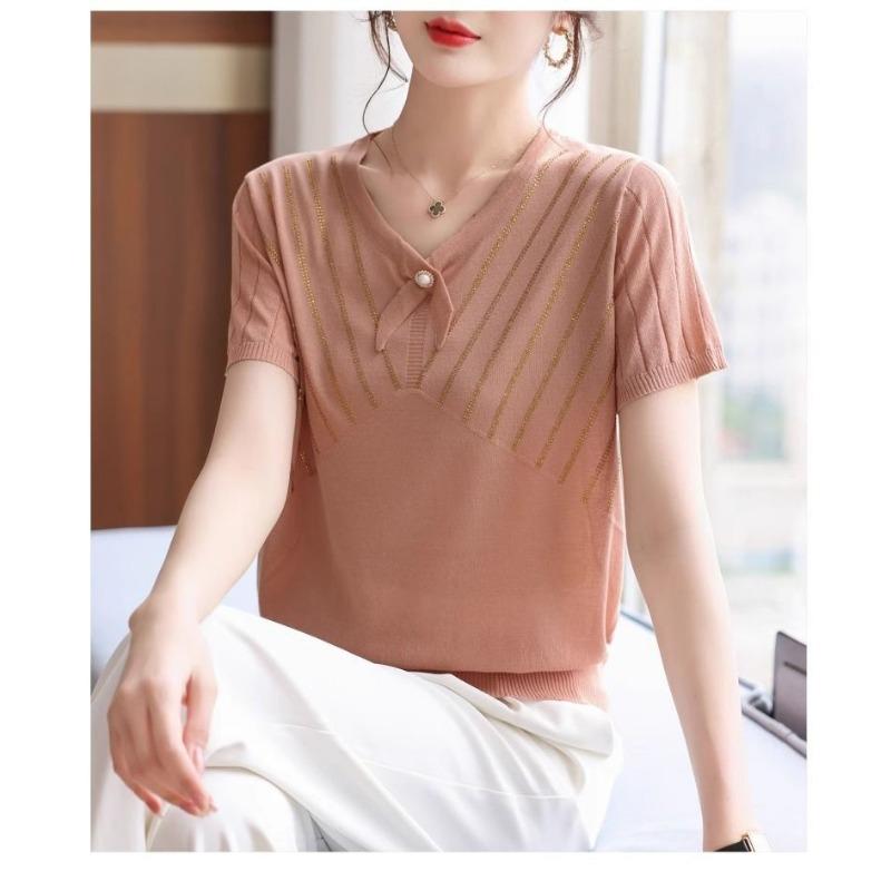 pink v neck bow tie detail short sleeve knit top with gold stripe for women