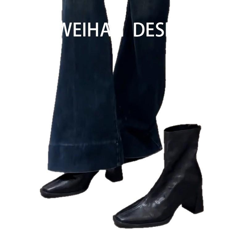 High Heel Square Head Skinny Boots Short Boots Women's Thick Heel Retro Martin Boots British Short Boots Single Boots