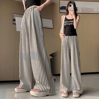 Lightweight Striped Ice Silk Wide Leg Pant Women Summer Thin Design High Waist Sun Protection Casual Loose Straight Leg Pants