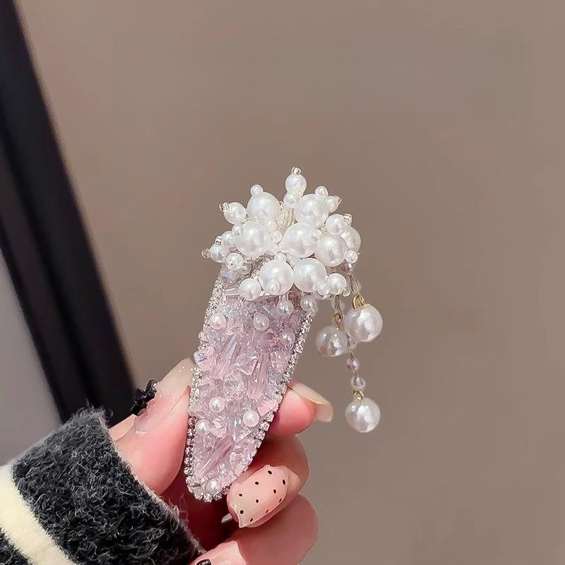 Light luxury French crystal hairpin women's new temperament pearl tassel bb clip bangs broken hair clip national style hairpin