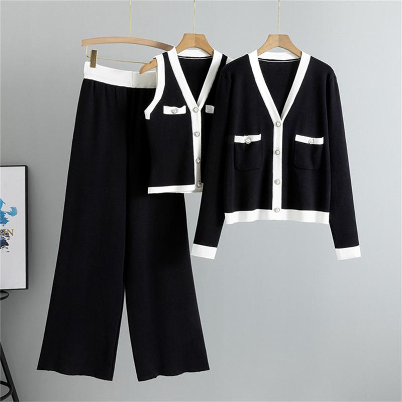 

Женский осенний модный трикотажный костюм с V-образным вырезом, трикотажный кардиган, жилет с широкими штанинами, комплект из трех предметов One Size чёрный