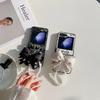 PU Leather Luxury Cover with Bowknot Pearl Wrist Chain Strap Bracelet For Samsung Galaxy Z Flip 6 5 4 3 Phone Case