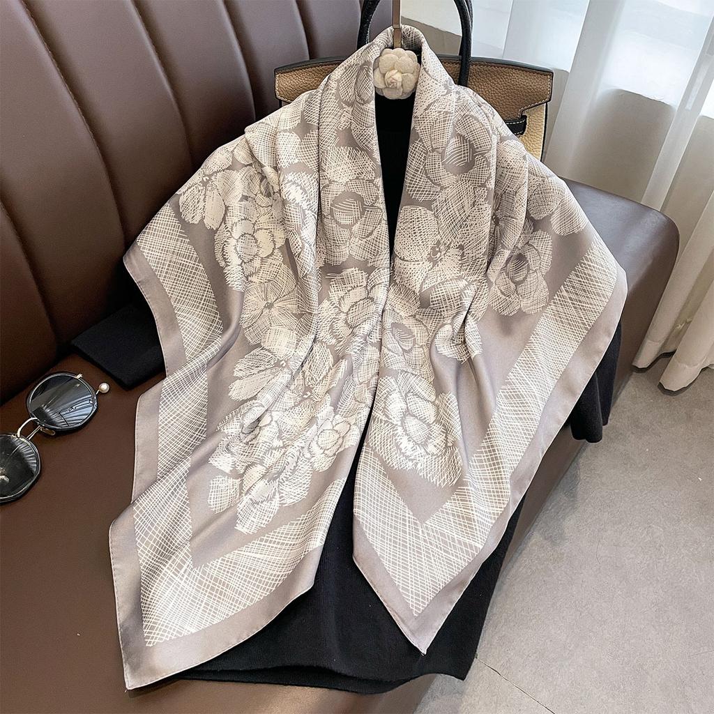New Luxury  Floral Printed Scarf 90Cm Large Square Scarf Twill Silk Headscarf Shawl For Women Scarves