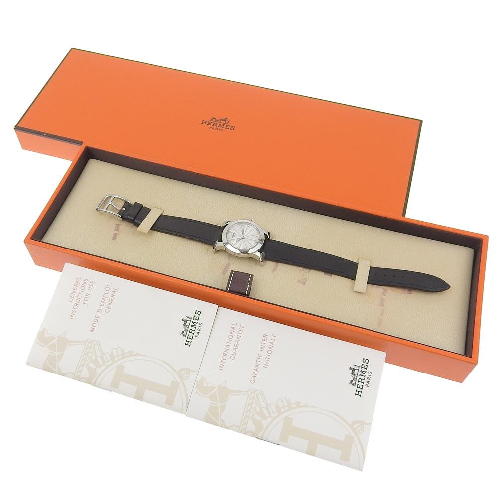 Hermes Heure H Watch Rondo Watches HR1.210 SilverDial Stainless Steel/Embossed Leather Quartz Analog Display Women Used