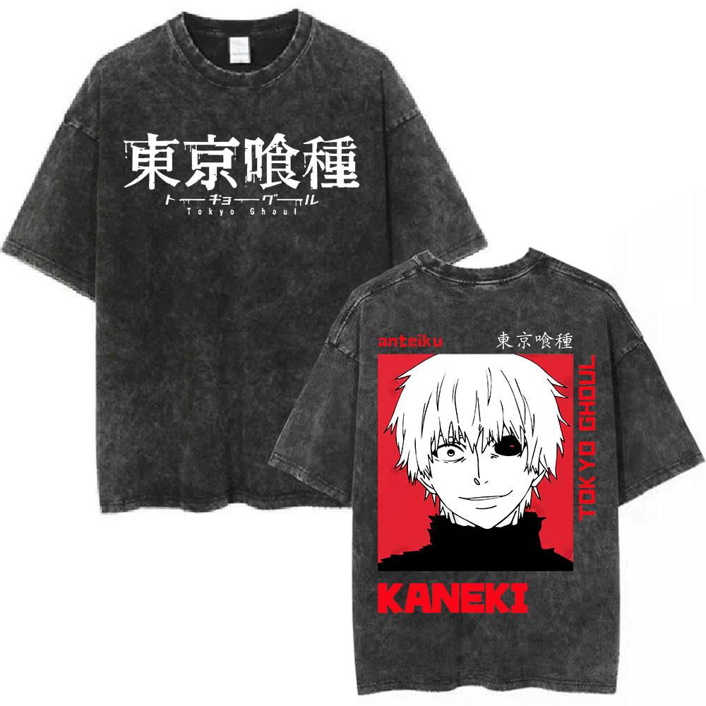 Vintage Washed Anime Tokyo Ghoul Spider Lily T Shirt Manga Cool Ken Kaneki Eyes Tshirts Gothic Short Sleeve T Shirts