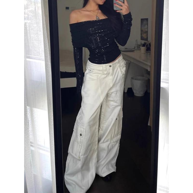 Design Sense Nische Weißer Denim Cargo Damen Lazy Style Frühling Herbst Neu Amerikanisch Locker Weites Bein Lange Hose