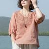 Summer Women's Literary Vintage Embroidery Cotton Linen Shirt Ladies Half Sleeve Loose Casual Blouse Women's Clothing Tops